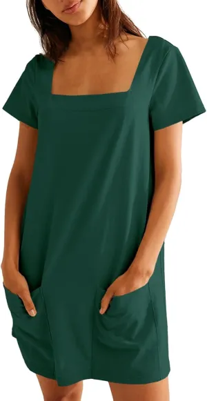 Summer Dresses for Women 2025 Short Sleeve Square Neck Mini T Shirt Dress Cute Beach Vacation Dress with Pockets