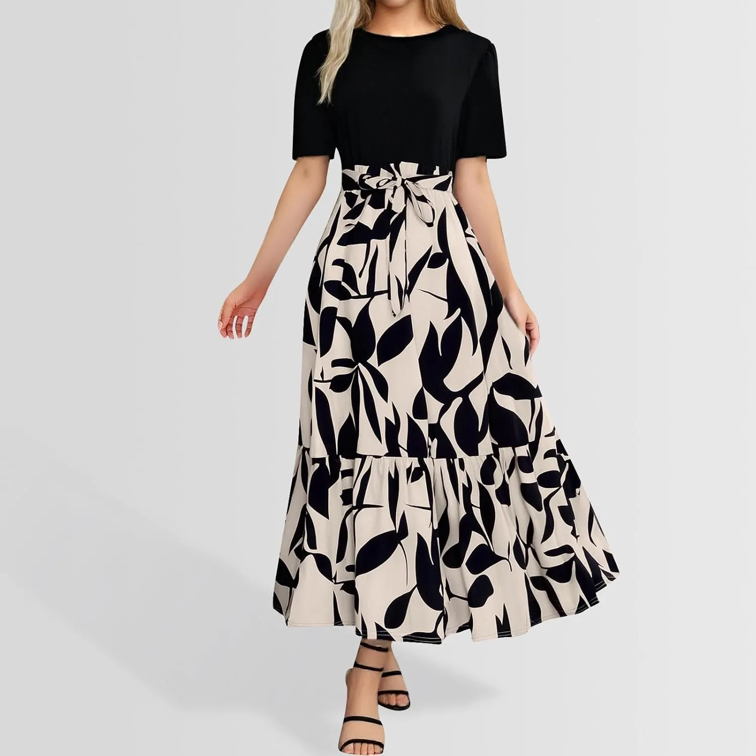 Summer Dresses for Women 2025 Tie Belted Patchwork Ruffle Hem a Line Boho Maxi Dress Crewneck Short Sleeve Long Dress