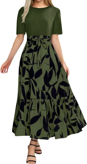 Summer Dresses for Women 2025 Tie Belted Patchwork Ruffle Hem a Line Boho Maxi Dress Crewneck Short Sleeve Long Dress