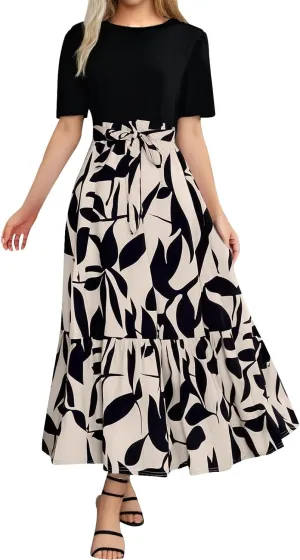 Summer Dresses for Women 2025 Tie Belted Patchwork Ruffle Hem a Line Boho Maxi Dress Crewneck Short Sleeve Long Dress