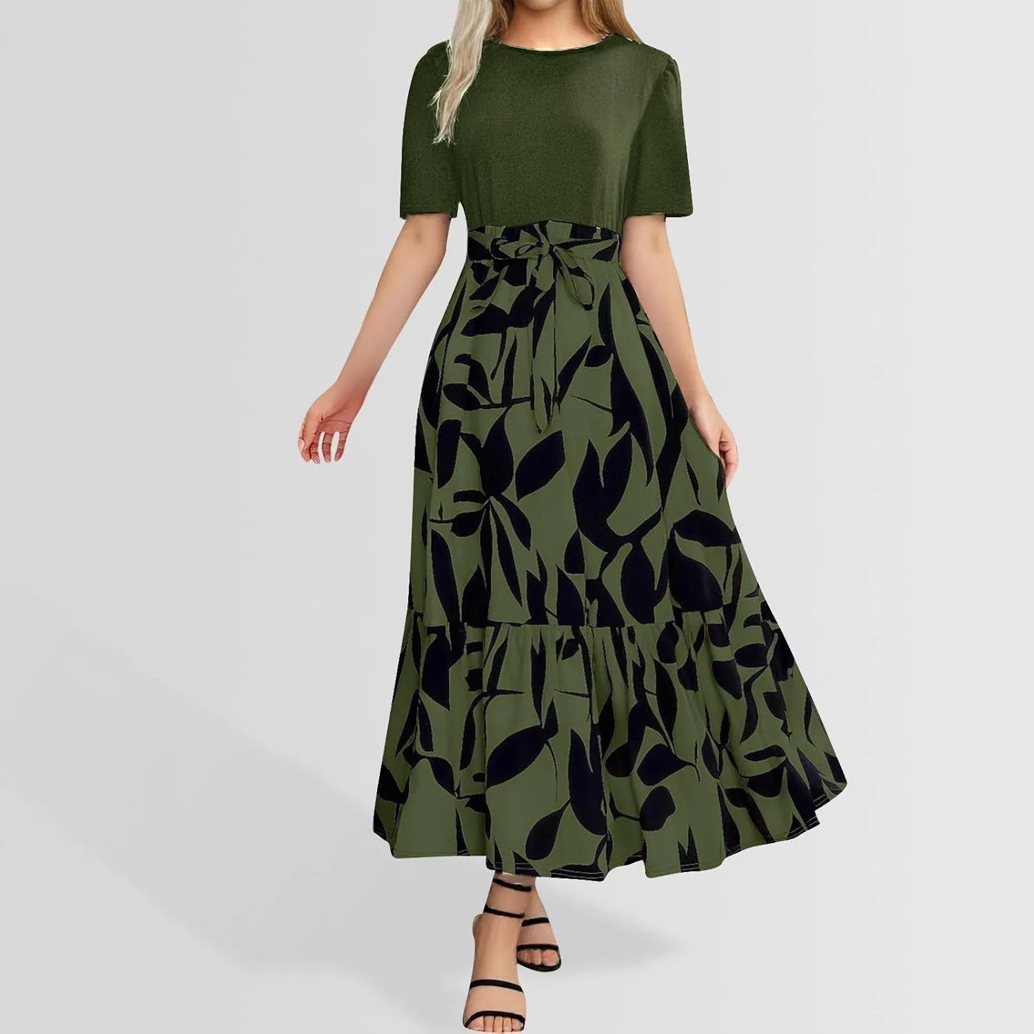 Summer Dresses for Women 2025 Tie Belted Patchwork Ruffle Hem a Line Boho Maxi Dress Crewneck Short Sleeve Long Dress