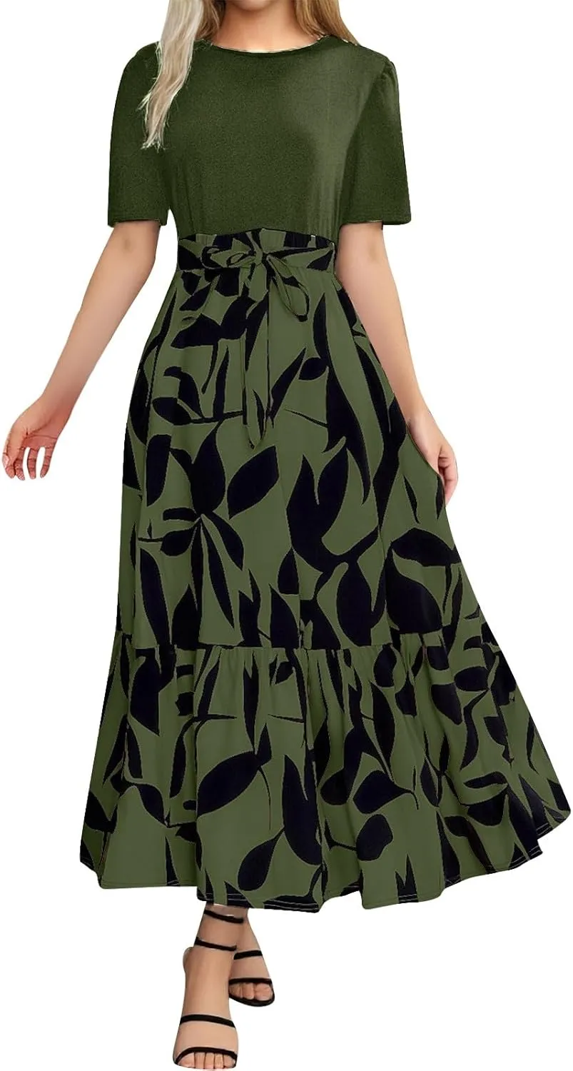 Summer Dresses for Women 2025 Tie Belted Patchwork Ruffle Hem a Line Boho Maxi Dress Crewneck Short Sleeve Long Dress