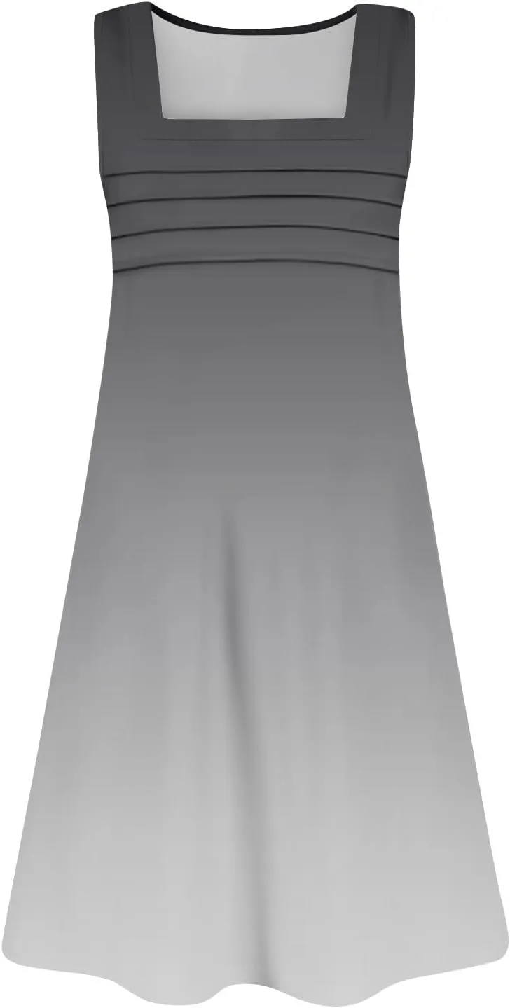 Summer Dresses for Women Casual Floral Pleated Front Tank Dress Square Neck Loose Sundresses Sleeveless T Shirt Dresses
