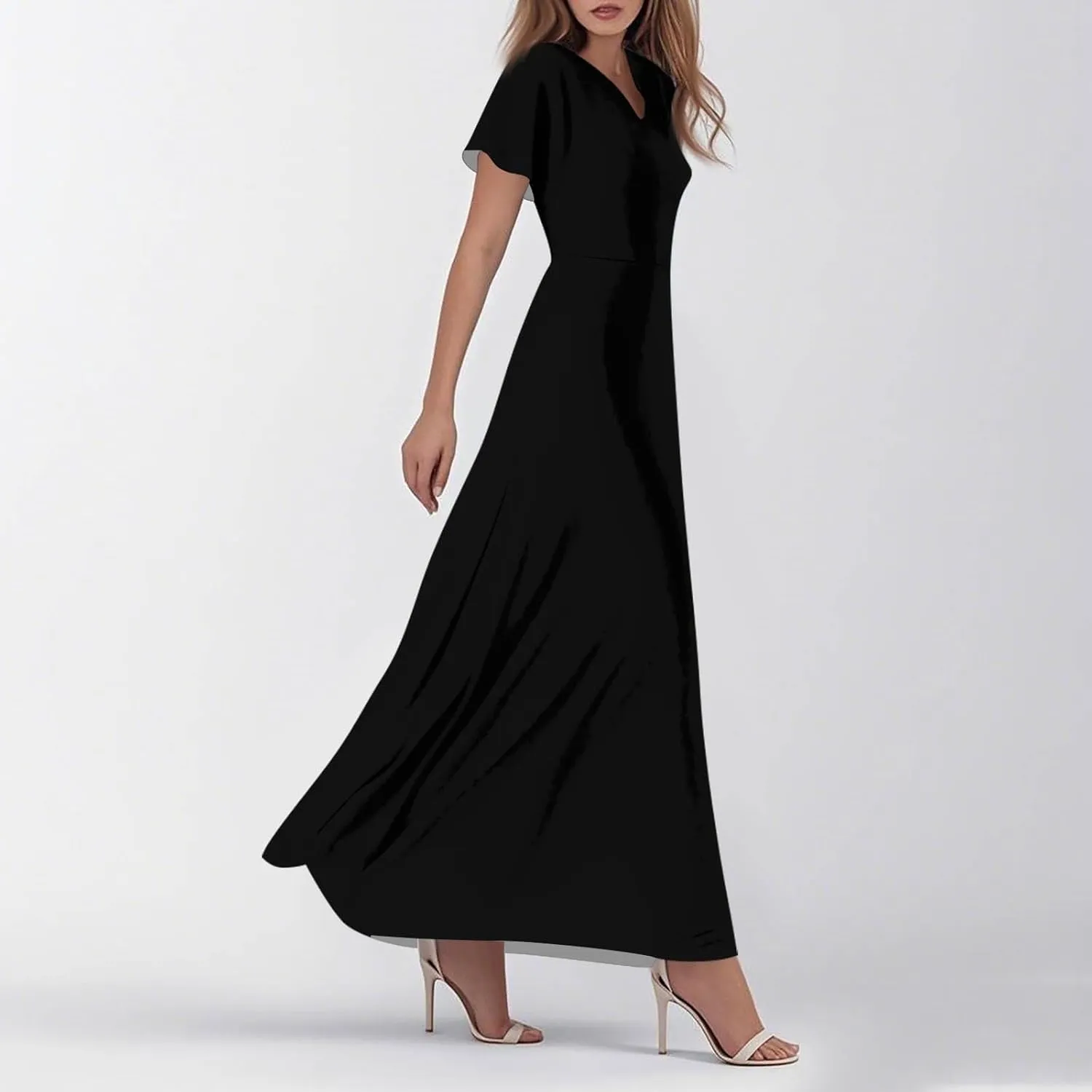 Summer Dresses for Women Elegant V-Neck Short Sleeve Long Maxi Dress Solid/Floral Printed Cocktail Party Dresses