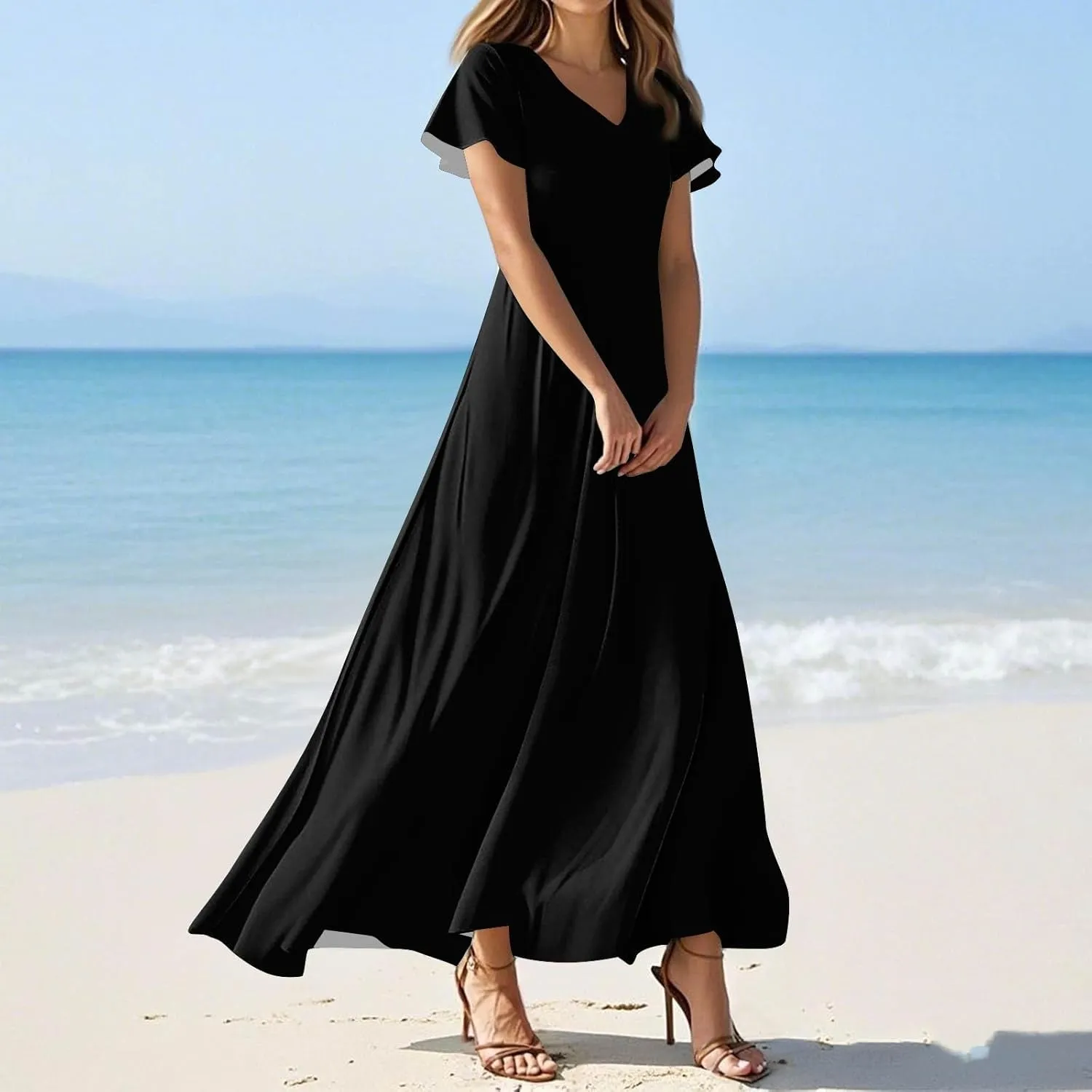 Summer Dresses for Women Elegant V-Neck Short Sleeve Long Maxi Dress Solid/Floral Printed Cocktail Party Dresses
