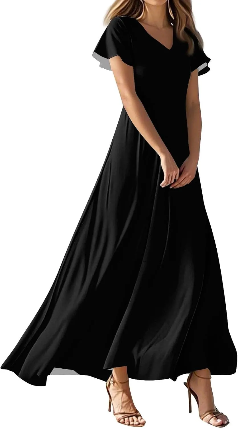 Summer Dresses for Women Elegant V-Neck Short Sleeve Long Maxi Dress Solid/Floral Printed Cocktail Party Dresses