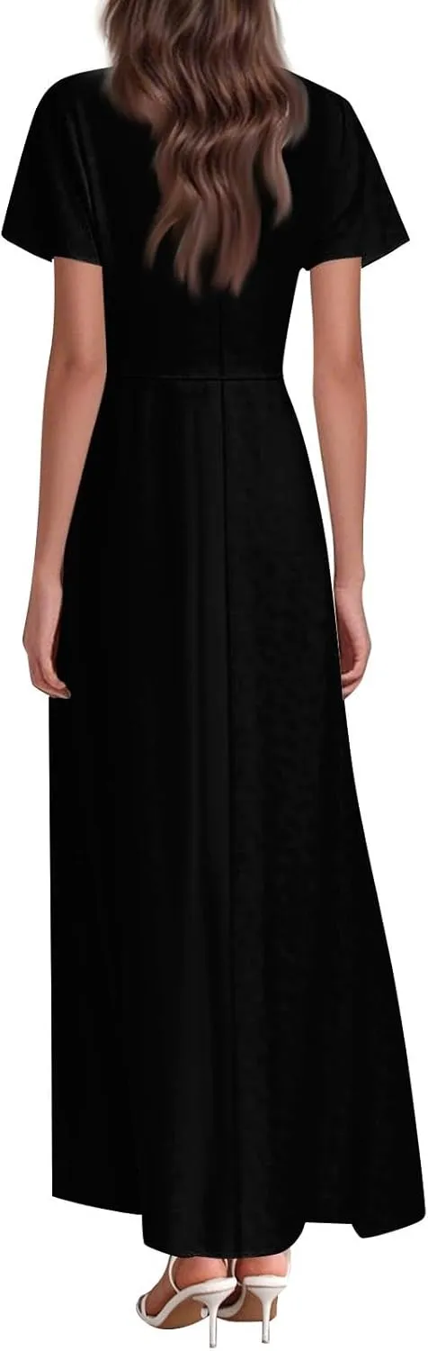 Summer Dresses for Women Elegant V-Neck Short Sleeve Long Maxi Dress Solid/Floral Printed Cocktail Party Dresses