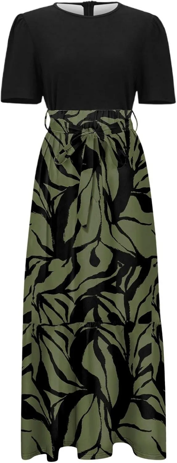 Summer Dresses for Women Tie Belted Patchwork Ruffle Hem A Line Boho Maxi Dress Short Sleeve Crewneck Flowy Long Dress