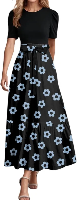 Summer Dresses for Women Tie Belted Patchwork Ruffle Hem A Line Boho Maxi Dress Short Sleeve Crewneck Flowy Long Dress