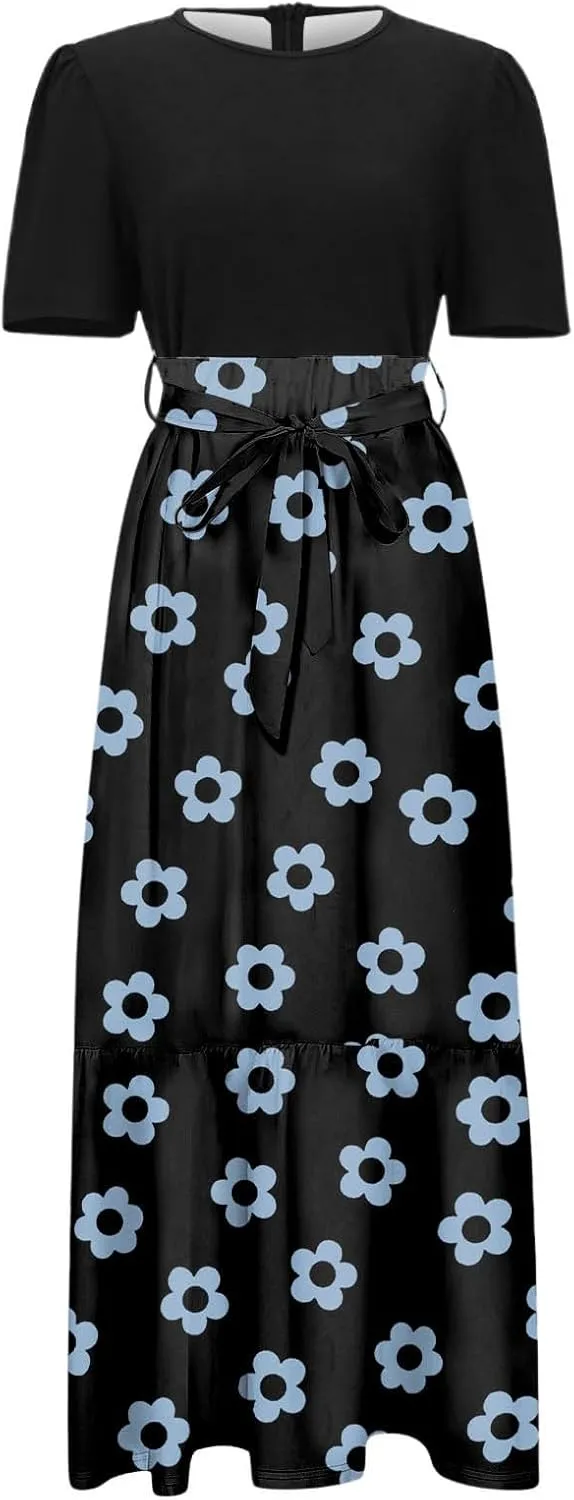 Summer Dresses for Women Tie Belted Patchwork Ruffle Hem A Line Boho Maxi Dress Short Sleeve Crewneck Flowy Long Dress