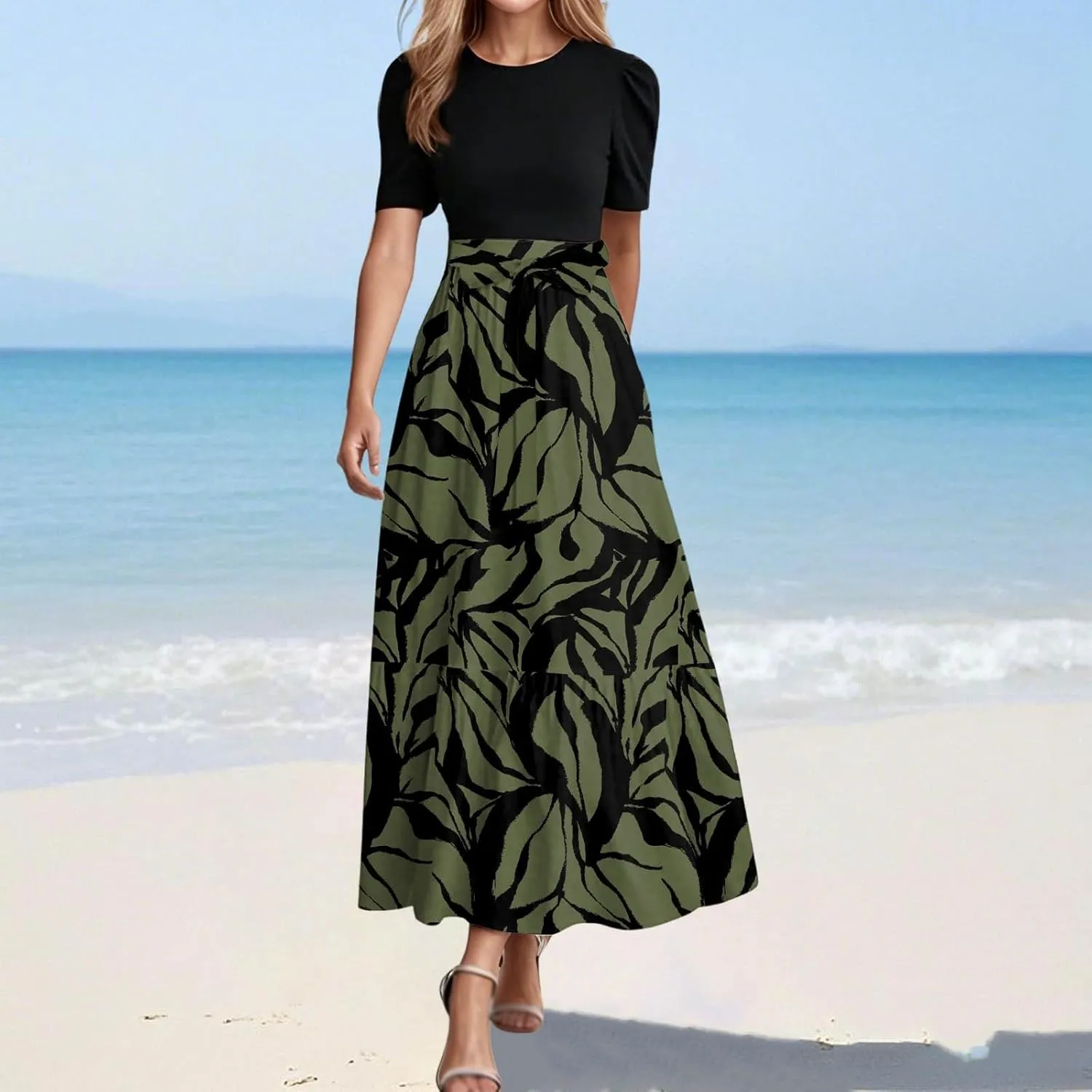 Summer Dresses for Women Tie Belted Patchwork Ruffle Hem A Line Boho Maxi Dress Short Sleeve Crewneck Flowy Long Dress