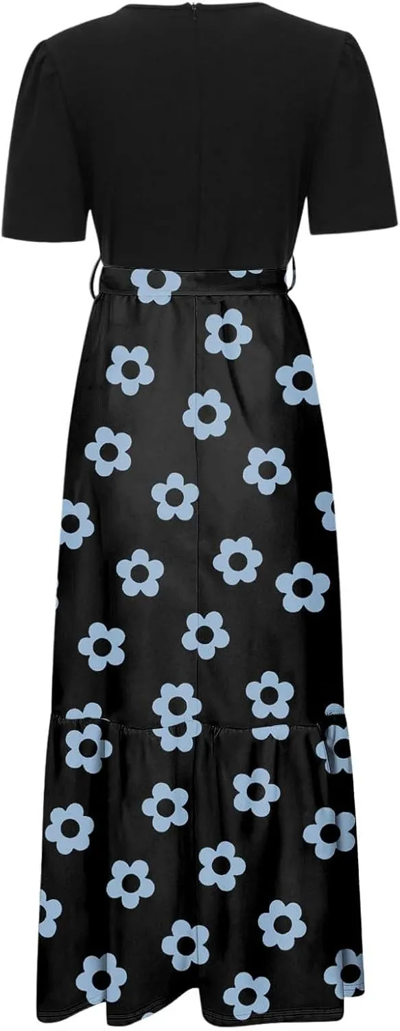 Summer Dresses for Women Tie Belted Patchwork Ruffle Hem A Line Boho Maxi Dress Short Sleeve Crewneck Flowy Long Dress