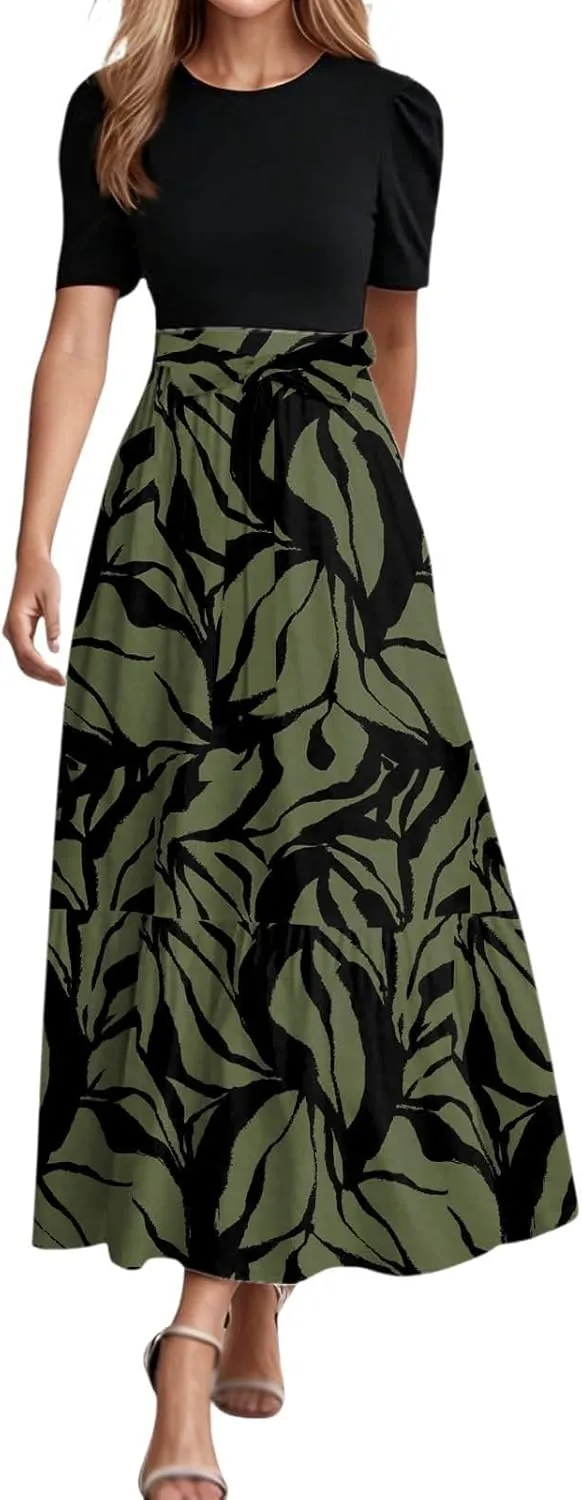 Summer Dresses for Women Tie Belted Patchwork Ruffle Hem A Line Boho Maxi Dress Short Sleeve Crewneck Flowy Long Dress