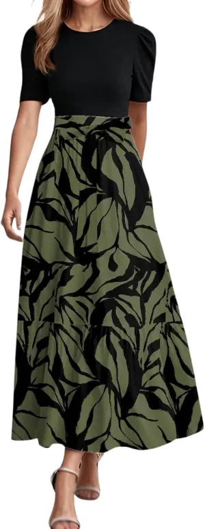 Summer Dresses for Women Tie Belted Patchwork Ruffle Hem A Line Boho Maxi Dress Short Sleeve Crewneck Flowy Long Dress