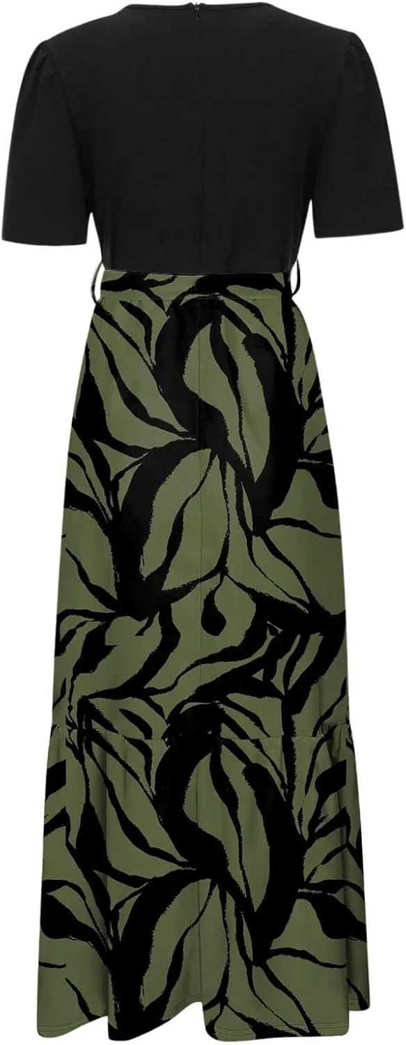 Summer Dresses for Women Tie Belted Patchwork Ruffle Hem A Line Boho Maxi Dress Short Sleeve Crewneck Flowy Long Dress