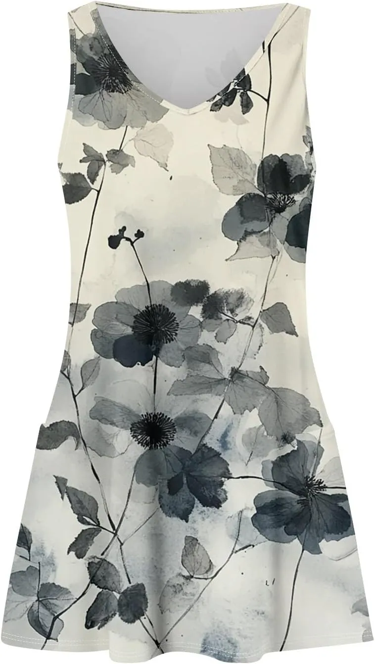 Summer Dresses for Women V Neck Boho T Shirt Dress Sleeveless Beach Mini Dress A Line Dress with Pockets