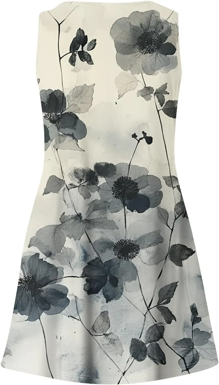 Summer Dresses for Women V Neck Boho T Shirt Dress Sleeveless Beach Mini Dress A Line Dress with Pockets