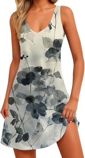 Summer Dresses for Women V Neck Boho T Shirt Dress Sleeveless Beach Mini Dress A Line Dress with Pockets