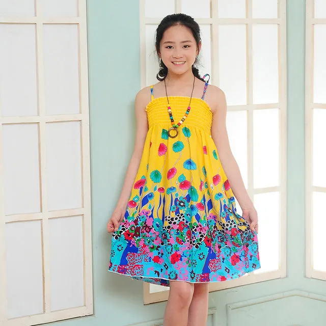 Summer Girls Floral Dress Sling Bohemian Beach Princess Dresses for Girl