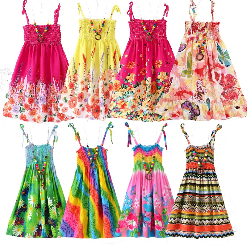 Summer Girls Floral Dress Sling Bohemian Beach Princess Dresses for Girl