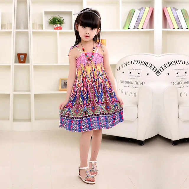 Summer Girls Floral Dress Sling Bohemian Beach Princess Dresses for Girl