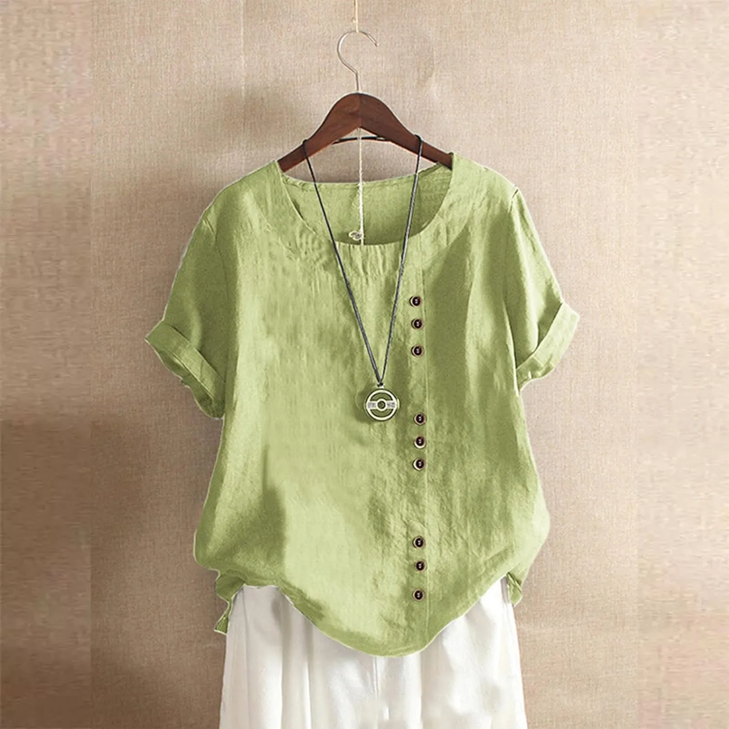 Summer Going Out Tops for Women 2025 Short Sleeve Crewneck Lined Casual Shirts Plus Size Button Down Solid Blouses