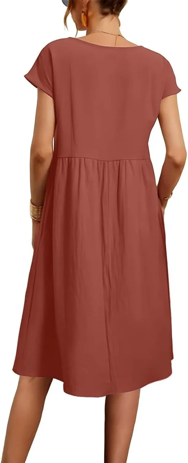 Summer Linen Dresses for Women 2025 Casual Short Sleeve Solid Sundress Loose Crewneck Pleated Dress with Pocket