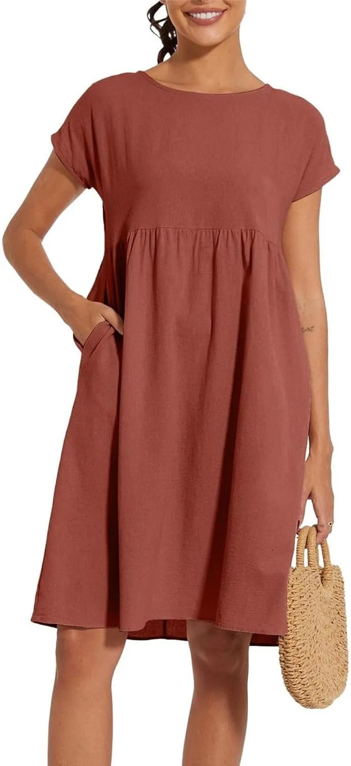 Summer Linen Dresses for Women 2025 Casual Short Sleeve Solid Sundress Loose Crewneck Pleated Dress with Pocket