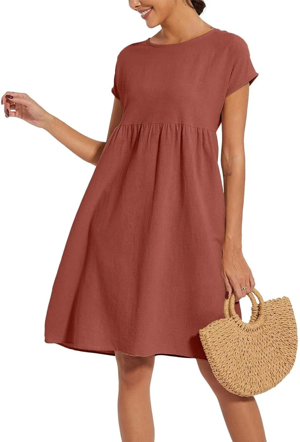 Summer Linen Dresses for Women 2025 Casual Short Sleeve Solid Sundress Loose Crewneck Pleated Dress with Pocket