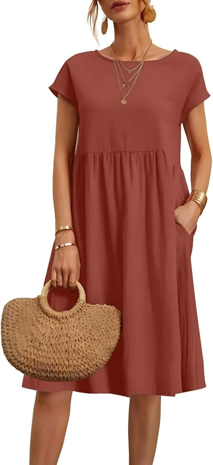 Summer Linen Dresses for Women 2025 Casual Short Sleeve Solid Sundress Loose Crewneck Pleated Dress with Pocket