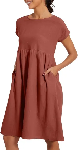 Summer Linen Dresses for Women 2025 Casual Short Sleeve Solid Sundress Loose Crewneck Pleated Dress with Pocket