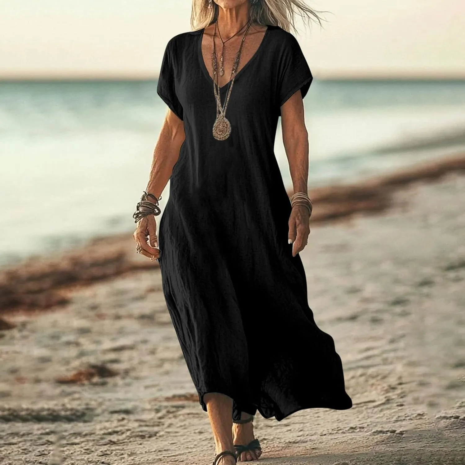 Summer Linen Dresses for Women 2025 Short Sleeve V Neck Shift Long Maxi Dresses Comfy Flowy Swing A Line Beach Dress