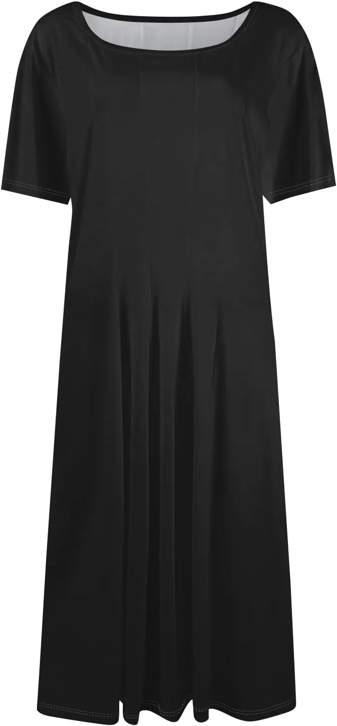 Summer Shirt Dresses for Women 2025 Short Sleeve Tiered Maxi Dresses Crewneck Flowy Beach Sundresses with Pockets
