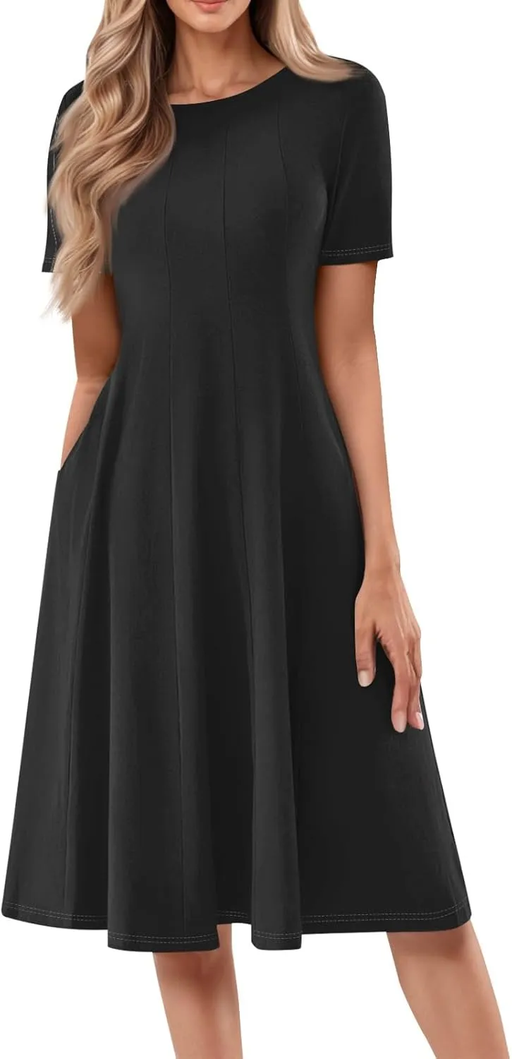 Summer Shirt Dresses for Women 2025 Short Sleeve Tiered Maxi Dresses Crewneck Flowy Beach Sundresses with Pockets