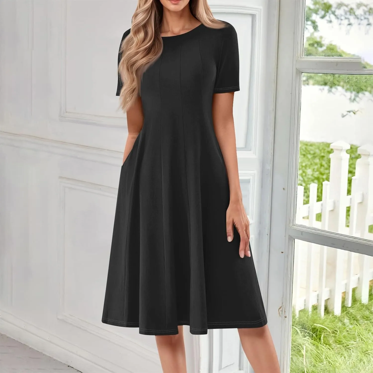 Summer Shirt Dresses for Women 2025 Short Sleeve Tiered Maxi Dresses Crewneck Flowy Beach Sundresses with Pockets