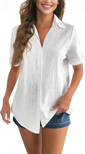 Summer Shirts for Women V Neck Short Sleeve Casual Loose Tees Lapel Button Down Tops 2025 Trending Now