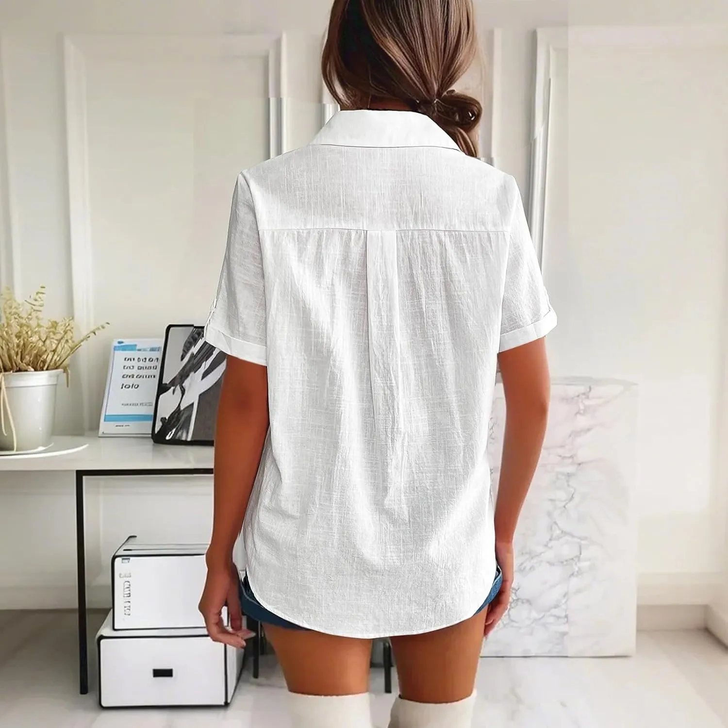 Summer Shirts for Women V Neck Short Sleeve Casual Loose Tees Lapel Button Down Tops 2025 Trending Now