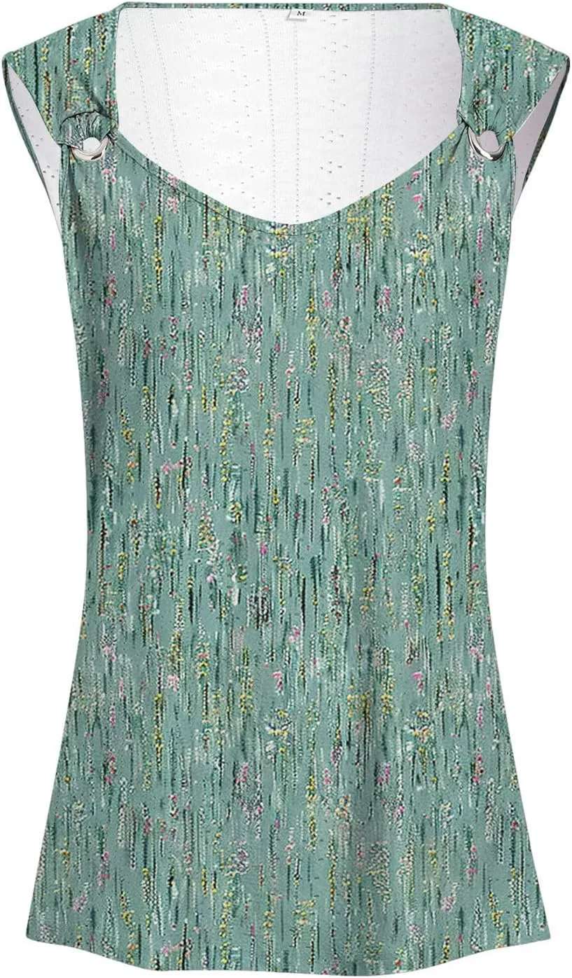 Summer Tank Tops for Women Pleated Square Neck O Ring Shoulder Sleeveless Shirts Casual Loose Fit Trendy Blouses
