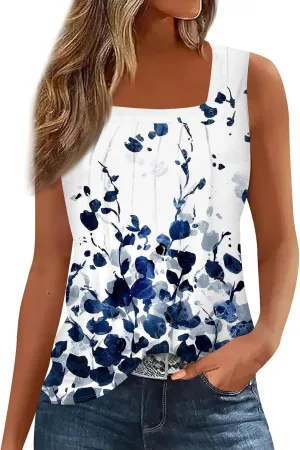 Summer Tank Tops for Women Sleeveless Pleated Square Neck Loose Fit Tunic Blouses Shirts Fashion Tee 2025