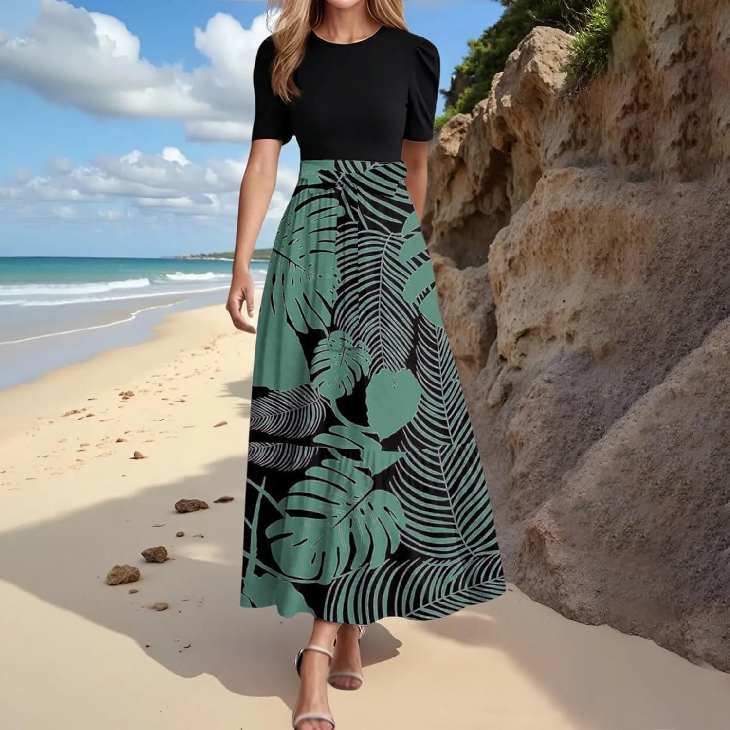 Summer Tie Belted Dresses for Women 2025 Short Sleeve Crewneck Flowy Patchwork Ruffle Hem A Line Boho Dress