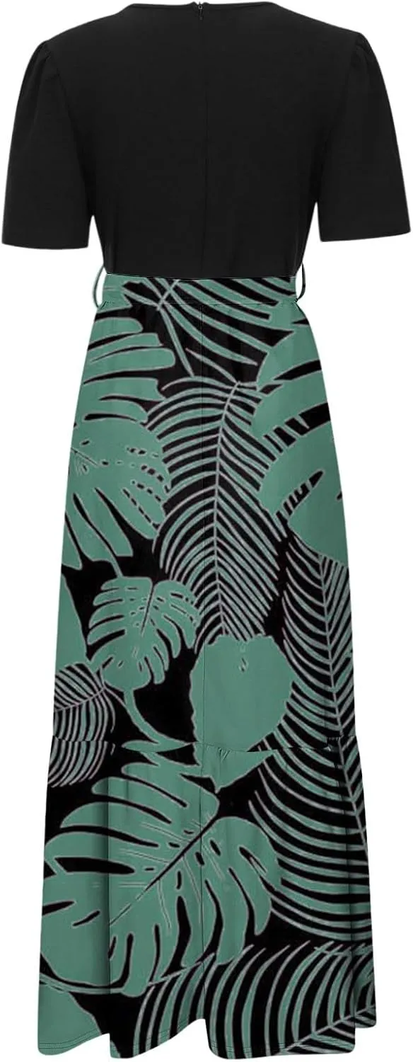 Summer Tie Belted Dresses for Women 2025 Short Sleeve Crewneck Flowy Patchwork Ruffle Hem A Line Boho Dress