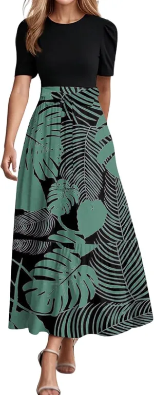 Summer Tie Belted Dresses for Women 2025 Short Sleeve Crewneck Flowy Patchwork Ruffle Hem A Line Boho Dress