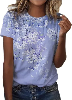 Summer Tops,Women's Round Neck Fashion Casual Top Short Sleeve Printed Loose Pullover