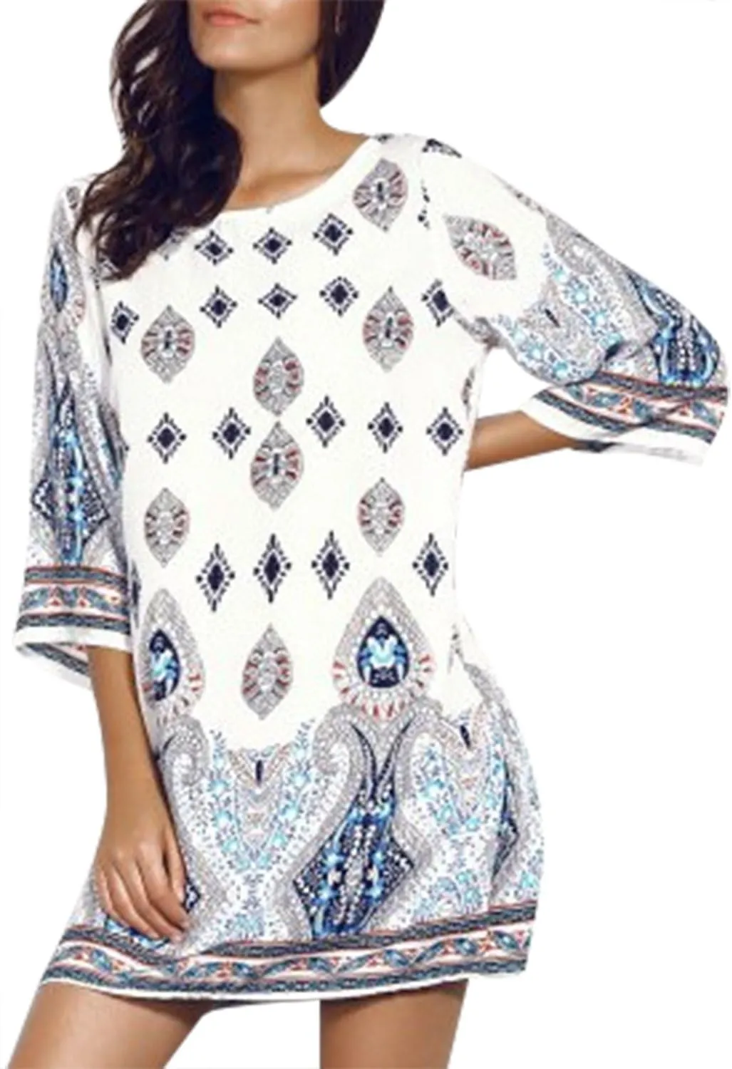 Summer Tunic Tops Women Bohemian Ethinic Print Shift Dress Casual Blouses Shirts