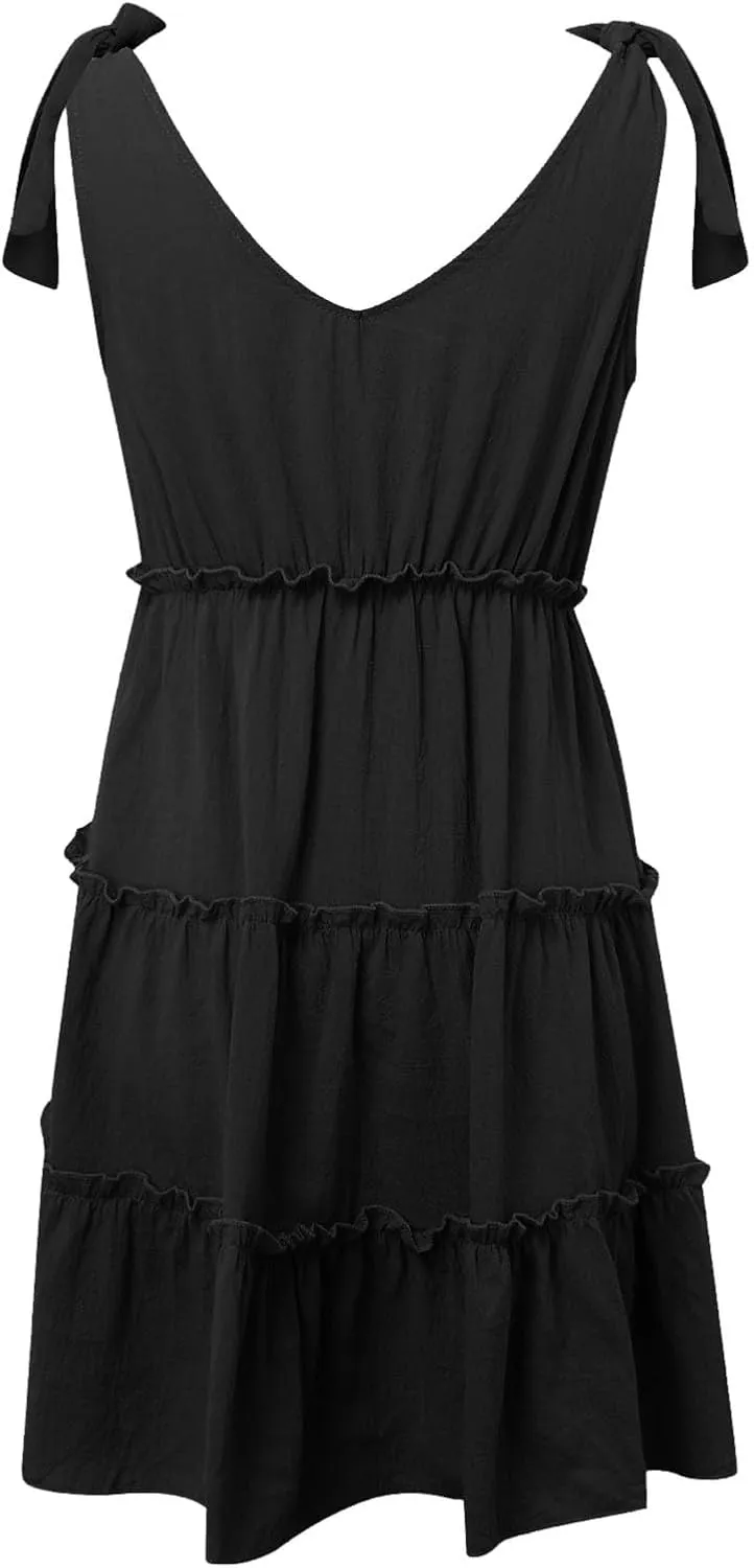 Sun Dresses Women Stetchy Fitted Tiered Ruffle Hem V Neck Tie Strap Mini Dresses Comfy Summer Beach Swimsuit Coverup