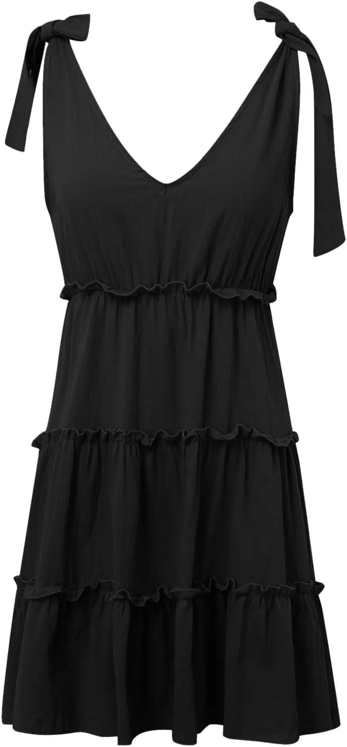Sun Dresses Women Stetchy Fitted Tiered Ruffle Hem V Neck Tie Strap Mini Dresses Comfy Summer Beach Swimsuit Coverup