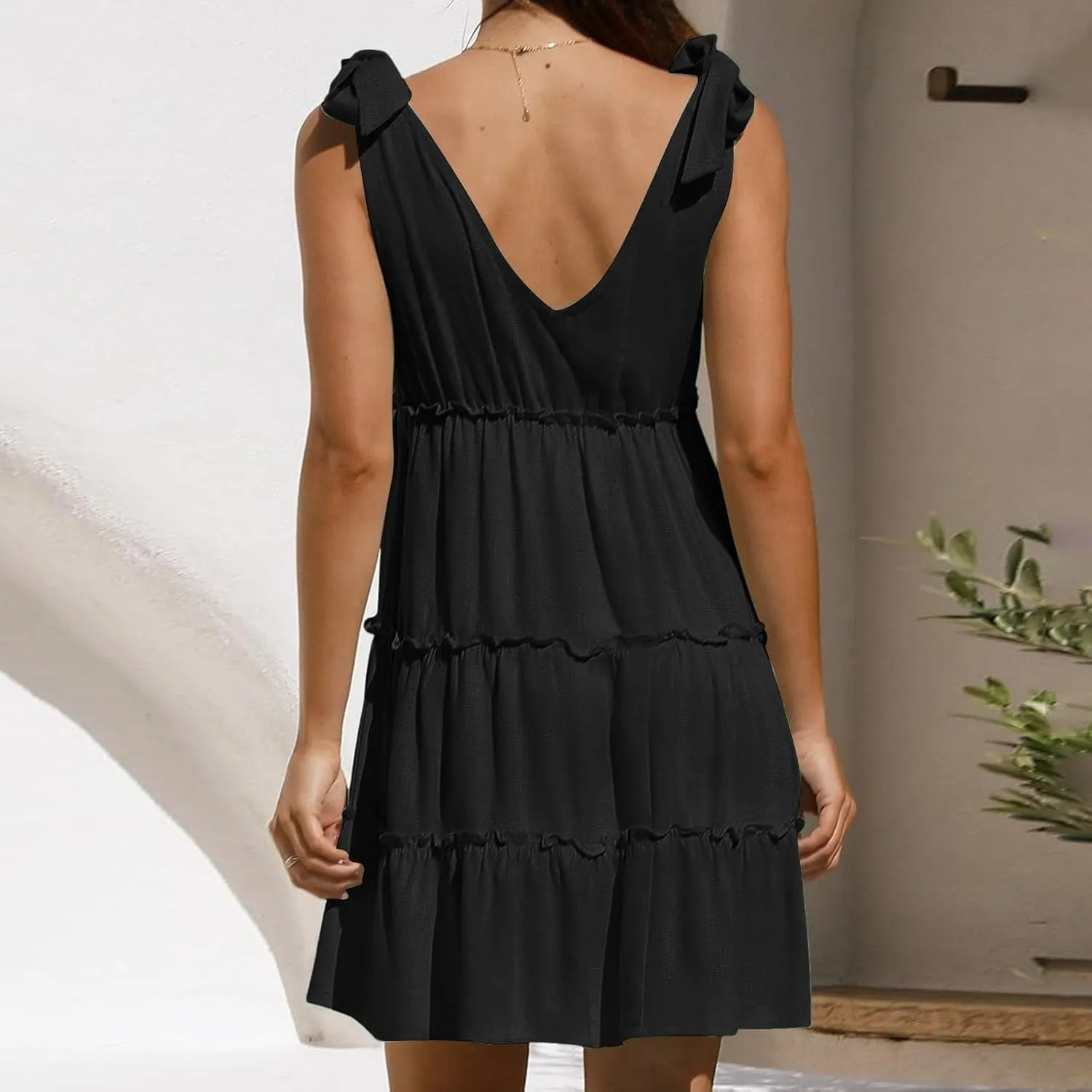 Sun Dresses Women Stetchy Fitted Tiered Ruffle Hem V Neck Tie Strap Mini Dresses Comfy Summer Beach Swimsuit Coverup