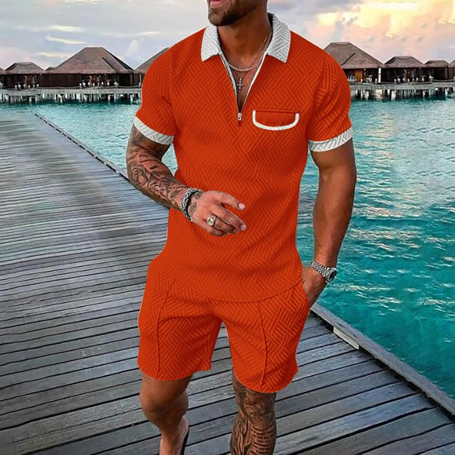 SUWBMHWE Men's Tracksuits Fashion 2 Piece Athletic Color Block Sets Classic Summer Vacation Button Down Shirts Suit