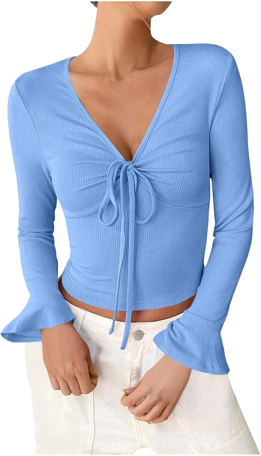 Sweater for Women Sexy V Neck Cropped Sweater Slim Fit Long Sleeve Knitted Pullover Tops Casual Y2k Going Out Shirts