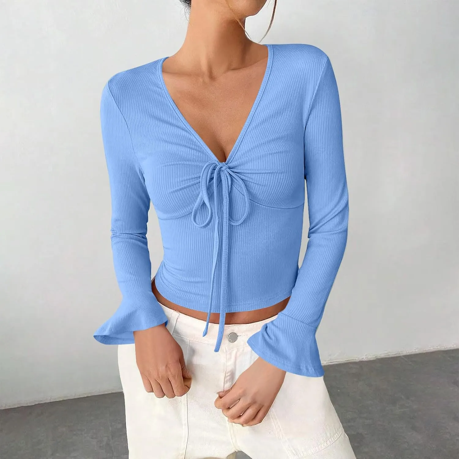 Sweater for Women Sexy V Neck Cropped Sweater Slim Fit Long Sleeve Knitted Pullover Tops Casual Y2k Going Out Shirts